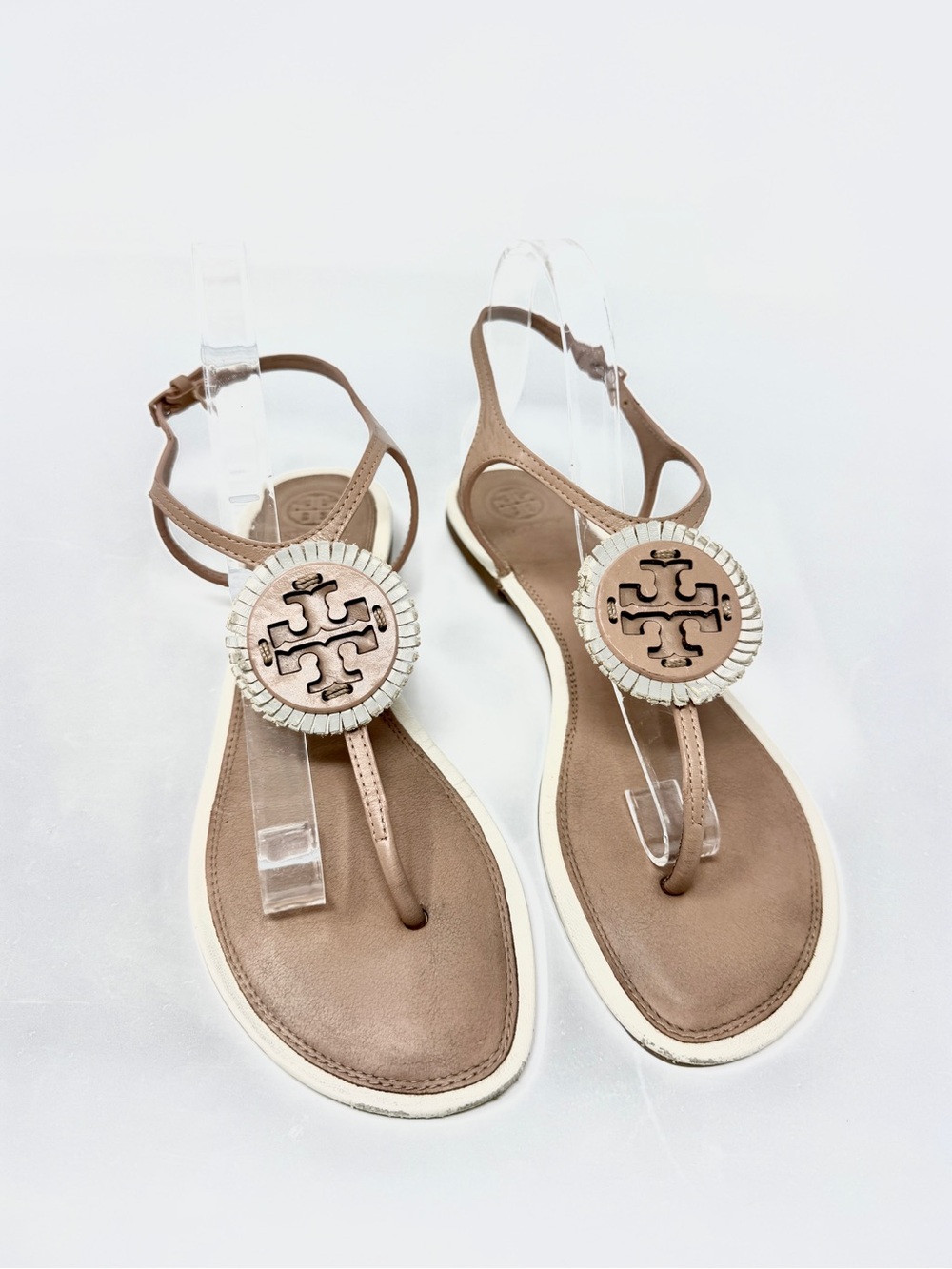 Tory Burch Miller Fringe Tan and Cream Flat Leather Sandals
